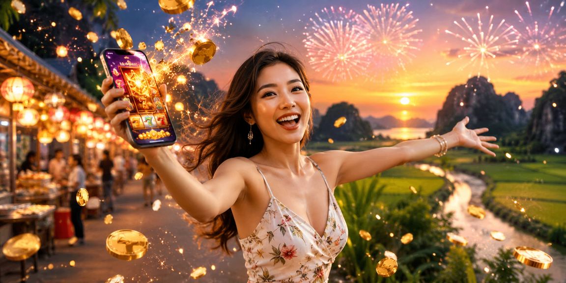 Người dùng tại chợ đêm Ninh Bình chơi slot game và kiểm tra voucher trên điện thoại